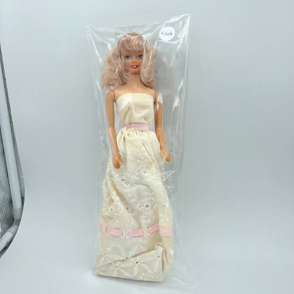 Doll Wearing Vintage White Long Ribbon Tie Up Lace Dress